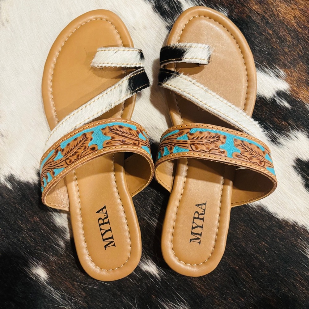 Myra Bag Tan and Blue Embroidered Sandals